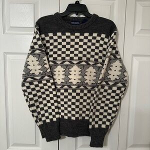 Vtg Centura Sweater Mens L Gray Cream Nordic Checkered Fair Isle Ski Korea 80s